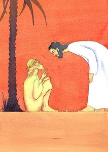 Jezus uzdrawia niewidomego, 2001 (w/c na papierze) autorstwa Elizabeth Wang