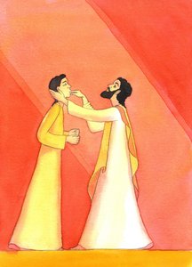 Jezus uzdrawia głuchego człowieka, gdy wznosi oczy do nieba, w modlitwie, 2001 (w/c na papierze) autorstwa Elizabeth Wang