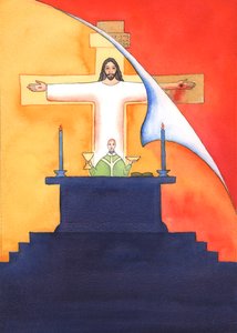 Jezus jest obecny z nami na Mszy św., modląc się w naszym imieniu do Ojca o pomoc w naszych potrzebach io zbawienie wieczne. Możemy połączyć wszystkie nasze modlitwy z Jego wielką modlitwą ofiarną, 2004 (w/c na pa autorstwa Elizabeth Wang