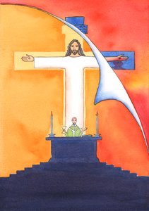 Jezus jest obecny z nami na Mszy św., modląc się w naszym imieniu do Ojca o pomoc w naszych potrzebach io zbawienie wieczne. Możemy połączyć wszystkie nasze modlitwy z Jego wielką modlitwą ofiarną, 2004 (w/c na pa autorstwa Elizabeth Wang