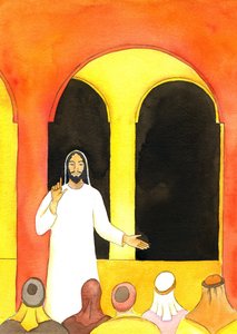 Jezus głosił w Świątyni, mówiąc prawdę i rozgniewał niektórych ludzi, którzy następnie spiskowali, aby Go skrzywdzić, 2001 (w/c na papierze) autorstwa Elizabeth Wang