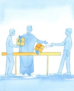Tak jak ksiądz otrzymuje więcej zaszczytu, gdy starannie mu wręcza się doskonały prezent, a nie tylko rzuca przed nim, 2003 (w/c na papierze) autorstwa Elizabeth Wang