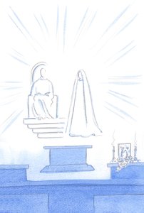 Tak jak na ziemskim przyjęciu mamy gości, muzykę i światło, tak niebiańscy goście przychodzą na „imprezę”, która jest naszą nowenną i błogosławieństwem!, 2002 (w/c na papierze) autorstwa Elizabeth Wang