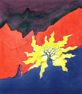 Mojżesz i płonący krzew, 2001 (w/c na papierze) autorstwa Elizabeth Wang