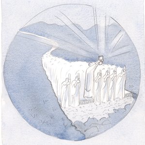 Drogą Tradycji Świętej, trzymając w górze Pismo Święte, kroczą nauczyciele: biskupi i księża z całym ludem., 2001 (w/c na papierze) autorstwa Elizabeth Wang