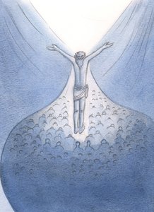Pewnego dnia zobaczyłem ofiarę, którą Chrystus składa za żywych i zmarłych, 2000 (w/c na papierze) autorstwa Elizabeth Wang