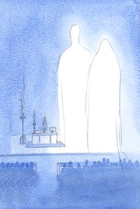 Matka Boża jest obecna z nami podczas obchodów Wielkanocy. Z całym Niebem słucha pochwał ofiarowanych Jej boskiemu synowi, 2001 (w/c na papierze) autorstwa Elizabeth Wang