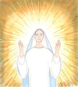 Pragnieniem Najświętszej Maryi Panny jest oddanie chwały Ojcu, tak jak zawsze czynił to Jezus Chrystus, Jej Syn, 2005 (akwarela na papierze) autorstwa Elizabeth Wang