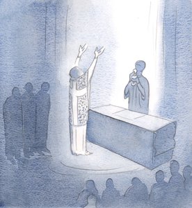 Nasze modlitwy są wysłuchane z tego powodu: są połączone z modlitwą Chrystusa obecnego, naszego wiecznego Arcykapłana, 2001 (w/c na papierze) autorstwa Elizabeth Wang