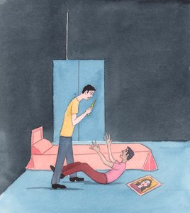 Ludzie działają całkowicie wbrew Bogu i Jego prawom, gdy grożą zabiciem lub zabijają innych, aby rozstrzygnąć prywatną waśń lub wendetę rodzinną lub klanową - lub w wojnie gangów, 2005 (akwarela na papierze) autorstwa Elizabeth Wang