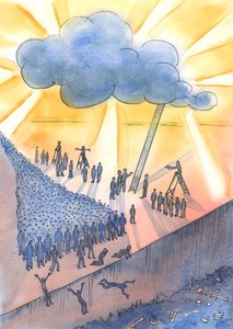Ludzie kierują się ku śmierci i być może do piekła, 2004 (w/c na papierze) autorstwa Elizabeth Wang