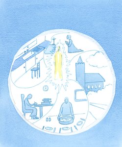 Ktoś, kto trzyma Chrystusa w centrum życia, ma Go jako jednoczący czynnik pośród wielu osób i wydarzeń z całego życia, 2003 (w/c na papierze) autorstwa Elizabeth Wang