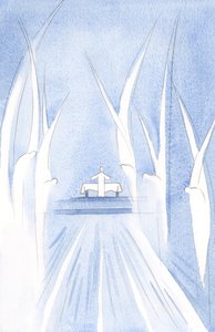 Aniołowie kłaniają się przed ofiarą Chrystusa, skupieni wokół Niego. Inni kłaniają się z głębokim szacunkiem, dookoła kościoła., 2001 (w/c na papierze) autorstwa Elizabeth Wang