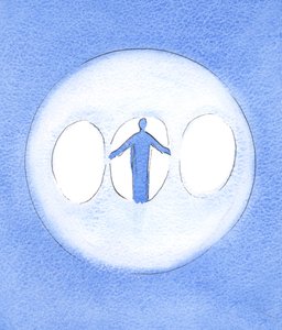 Trójca Przenajświętsza może być postrzegana jako Potrójne Światło z Chrystusem Bogiem-Człowiekiem w centrum, 2003 (w/c na papierze) autorstwa Elizabeth Wang