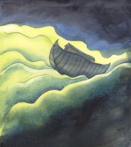 Kościół katolicki jest jak arka, która czasami jest rzucana na wzburzone wody i cierpi z powodu wszelkiego rodzaju zawirowań, 2005 (akwarela na papierze) autorstwa Elizabeth Wang