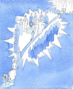 Kościół katolicki naucza chwalebnej prawdy, że w przeszłości Bóg docierał do ludzi na różne sposoby, 2005 (akwarela na papierze) autorstwa Elizabeth Wang