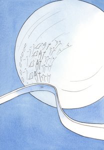 Konsekracja na Mszy jest „przecięciem się” między życiem ludzkim a życiem Bożym, tak jak wstęga dotyka kuli, 2002 (w/c na papierze) autorstwa Elizabeth Wang