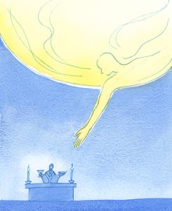 Ojciec przyjmuje nasze dary chleba i wina, jakby pochylał się z Nieba jak życzliwy rodzic przyjmujący prezenty od dziecka, 2003 (w/c na papierze) autorstwa Elizabeth Wang