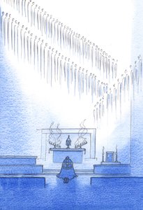 Niebiańscy przyjaciele, których życie uznajemy w wyznaniu wiary, gromadzą się wokół nas. Jesteśmy jedną rodziną, 2002 (w/c na papierze) autorstwa Elizabeth Wang
