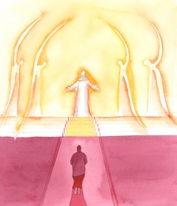 Święci Aniołowie w kościele powiedzieli mi: „Róbcie tak jak my”, 2000 (w/c na papierze) autorstwa Elizabeth Wang