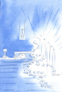 Święci Aniołowie byli obecni: i dekorowali Kościół girlandami, ukazując zachwyt Nieba nad święceniami, 2002 (w/c na papierze) autorstwa Elizabeth Wang