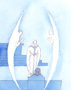 Święta Eucharystia, która jest Jezusem Chrystusem Naprawdę Obecnym, jest tak wielkim i świętym darem, że dwa Anioły towarzyszą kapłanowi, gdy niesie nam błogosławiony Sakrament, na Komunię Świętą, 2005 (akwarela na papierze) autorstwa Elizabeth Wang