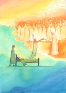 Duszę Świętą gotową do Nieba spotyka nie tylko Chrystus, ale także Jego święta Matka i wszyscy święci, 2003 (w/c na papierze) autorstwa Elizabeth Wang