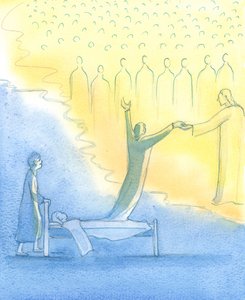 Duszę Świętą gotową do Nieba spotyka nie tylko Chrystus, ale także Jego święta Matka i wszyscy święci, 2003 (w/c na papierze) autorstwa Elizabeth Wang