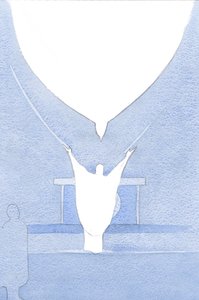 Duch Święty - jakby z rozpostartymi skrzydłami - unosił się nad głową Chrystusa, przyjmując Jego ofiarę w miłości Ojca., 2001 (w/c na papierze) autorstwa Elizabeth Wang