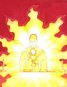 Obecność Jezusa w Eucharystii jest jak płonący ogień chwały, 2001 (w/c na papierze) autorstwa Elizabeth Wang