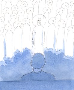 Święci są wokół nas z Chrystusem, kiedy się modlimy; rozkoszują się miłością w naszych sercach i każdym pełnym czci słowem i gestem, kiedy ich czcimy, wielbimy i wielbimy Trzech Osób Boskich. autorstwa Elizabeth Wang