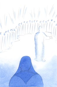 Święci z Nieba radują się naszą miłością do Chrystusa i dobrymi uczynkami, ponieważ cała radość w Niebie jest dzielona, 2002 (w/c na papierze) autorstwa Elizabeth Wang