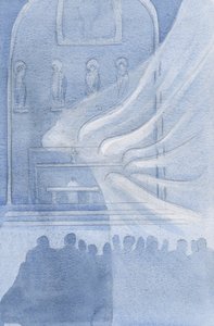Aniołowie adorują Chrystusa w Najświętszej Eucharystii, 2001 (w/c na papierze) autorstwa Elizabeth Wang
