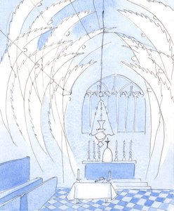 Aniołowie otaczają sanktuarium podczas Mszy Świętej w 2004 roku (w/c na papierze) autorstwa Elizabeth Wang