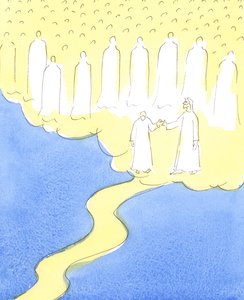 Błogosławiona dusza, która wytrwała do końca, w miłości do Chrystusa i bliźniego, prowadzona jest za rękę przez Chrystusa, aby spotkać Niebiańskich Przyjaciół, którzy zebrali się, by powitać ją w swoim towarzystwie, 2004 autorstwa Elizabeth Wang