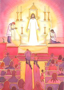 „Klejnotem” w sercu Kościoła katolickiego jest Jezus, nasz Boski Zbawiciel, obecny w tabernakulum, 2004 (w/c na papierze) autorstwa Elizabeth Wang