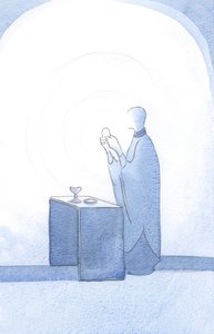 Światło Chrystusa rozbłysło podczas konsekracji, 2001 (w/c na papierze) autorstwa Elizabeth Wang
