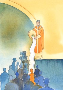 Głównym zadaniem tych, którzy dzielą kapłaństwo Chrystusa, jest zbawienie dusz, obmycie ich Najdroższą Krwią Chrystusa, Jego Ofiarą i Jego sakramentami, 2002 (w/c na papierze) autorstwa Elizabeth Wang