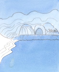 Duszę pełną łaski Bożej reprezentowała plaża o łagodnym zboczu, obmyta ciepłym morzem, 2004 (w/c na papierze) autorstwa Elizabeth Wang