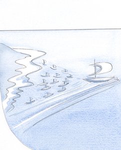 Dusza, która ufa Chrystusowi, jest jak statek, którego żagle wypełnia wiatr łaski, który ciągnie za sobą innych., 2001 (w/c na papierze) autorstwa Elizabeth Wang