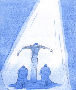 Cierpiący Zbawiciel stoi z wyciągniętymi ramionami, aby schronić skruszonych ludzi; a Ojciec z miłością spogląda z Nieba na Swojego Syna, 2002 (w/c na papierze) autorstwa Elizabeth Wang