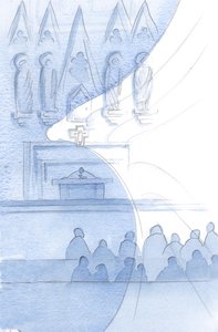 Cały budynek kościoła jest zatłoczony Aniołami; myjemy je w każdej chwili., 2001 (w/c na papierze) autorstwa Elizabeth Wang