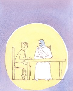 Przez Komunię Świętą jesteśmy obecni z Chrystusem; i możemy rozmawiać z nim tak intymnie, jakbyśmy siedzieli przy kuchennym stole, 2004 (w/c na papierze) autorstwa Elizabeth Wang