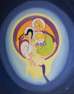 Poprzez pokutę i wiarę w Chrystusa pozwalamy Mu wciągnąć nas do serca Trójcy Świętej, 2001 (olej na pokładzie) autorstwa Elizabeth Wang