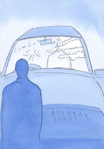 Z powodu grzechu lub sprzeciwu cios roztrzaskał przezroczystą „szybę”, przez którą niektórzy ludzie wytężają wzrok, by spojrzeć na Chrystusa, 2002 (w/c na papierze) autorstwa Elizabeth Wang