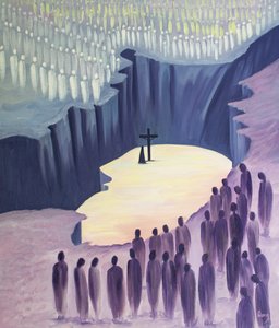Poprzez Mszę jednoczymy się ze świętymi wokół jednej Ofiary Chrystusa, 2001 (olej na pokładzie) autorstwa Elizabeth Wang
