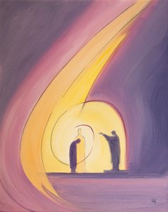 Przez błogosławieństwo na zakończenie Mszy św. zostajemy włączeni w życie Trójcy Świętej, 2001 (olej na pokładzie) autorstwa Elizabeth Wang