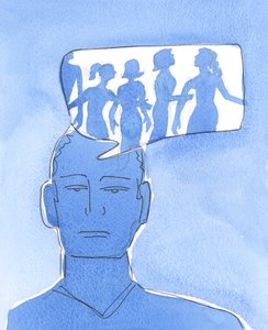 Ciągłe rozpamiętywanie pornograficznych fantazji jest jak życie w obcym kraju, uwięzionym w samozadowoleniu, unikającym radości i obowiązków codziennego życia oraz "unikającym" komunii z naszym wszechkochającym Bogiem, 2004 (akwarela na papierze). autorstwa Elizabeth Wang