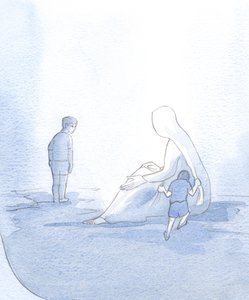 Aby zilustrować naszą relację z Marią, zobaczyłem małe dziecko, które hałaśliwie szarpie, ale otrzymuje pocieszenie; drugie dziecko, dumne i nieufne, trzymało się na dystans, więc brakowało jej pomocy., 2001 (w/c na papierze autorstwa Elizabeth Wang