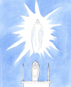 Mamy prawo czcić Maryję, Najświętszą Dziewicę, przez którą Ojciec dał nam swojego Syna, i wszystkie łaski, które otrzymujemy w Kościele, zwłaszcza w Świętej Eucharystii, 2005 (akwarela na papierze) autorstwa Elizabeth Wang